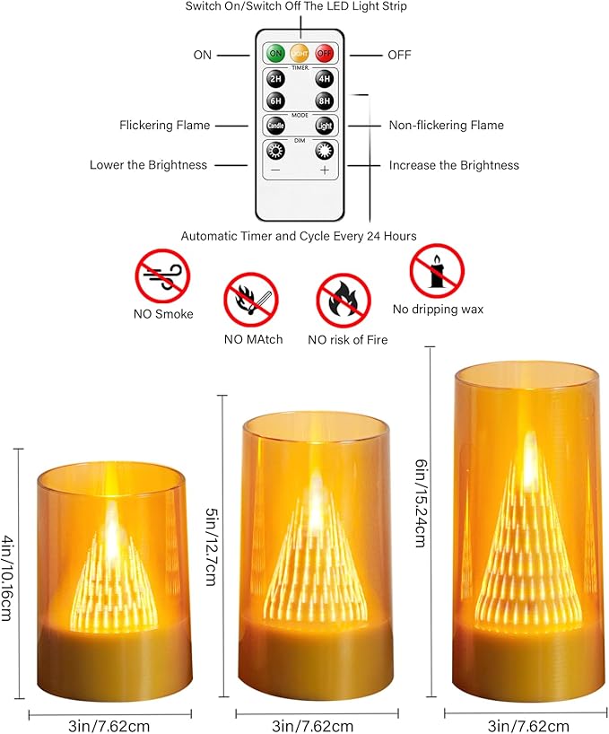 Eebus LED Flameless Candles with Remote - Battery Operated,Fake Candles for Home Décor Tapered Glowing Pillar Candle Lights Add a Warm and Romantic Atmosphere Set of 3 (D 3"×H 4" 5" 6") (Gold)