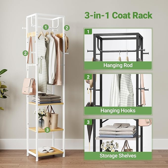 ELYKEN Coat Rack Freestanding, Hall Tree with 3 Storage Shelves and 12 Hooks, Industrial Clothes Rack Stand Organizer for Bedroom, Hallway, Entryway, Office, Living Room