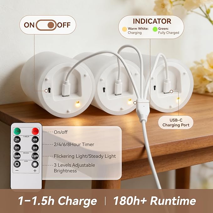 Rechargeable Flickering Flameless Candles Melted Edge Battery Operated with Remote and Timer, Real Wax LED USB Type-C Pillar Candles, Set of 3 (3" x 4",5",6"), White,Spring Home Decor