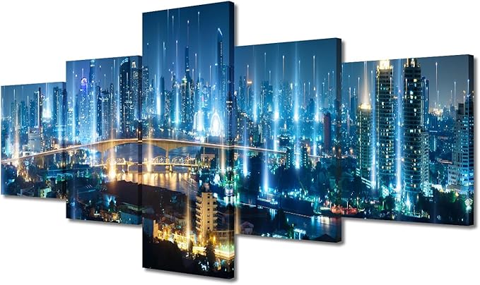 5 Panel Modern Smart City Poster Night Panoramic Cityscape Picture Printing Native Americans Home Decor Internet Companies Corridor Decor Big Data Worker Office Wall Artwork Ready to Hang 50x24 Inch