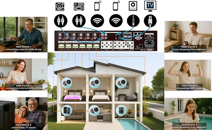 WS66i 6 Zone Amplifier – 100W per Zone Whole House Audio System, 6 Source x 6 Zone App Controlled Multi-Room Amplifier for Ceiling Speakers, AirPlay, Spotify Connect, USB, DLNA