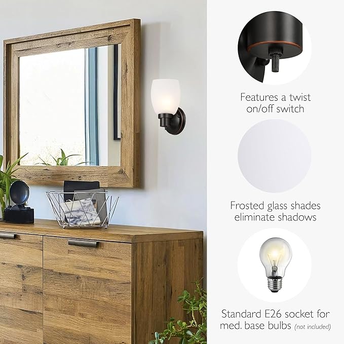 Lydia Wall Sconce, Oil Rubbed Bronze Finish, Frosted Glass Shade, Dimmable with Twist On/Off Switch for Hallway, Foyer, Bathroom – Design House, 588814-ORB
