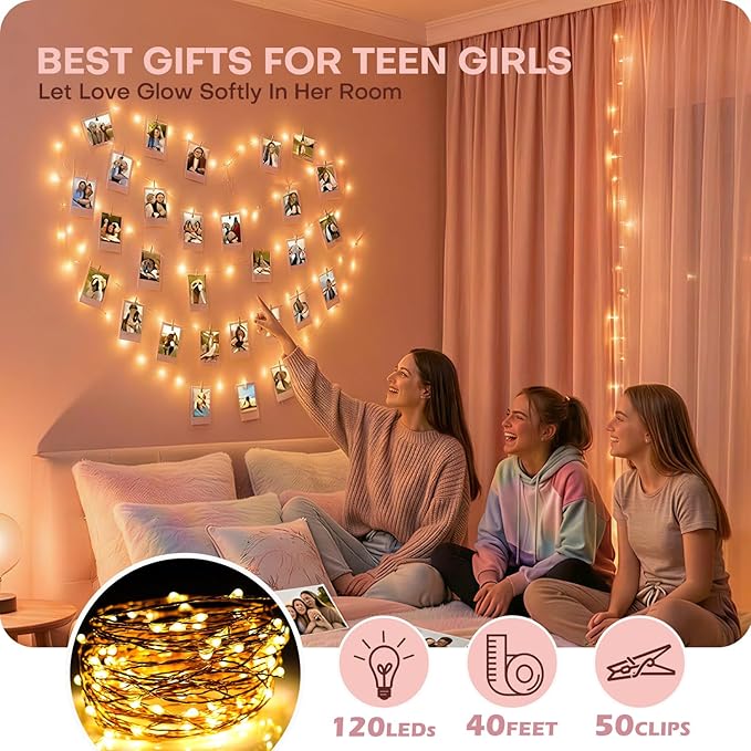 Teen Girl Gifts Trendy Stuff: Aesthetic 40Ft 120LED Hanging Picture Fairy Lights with 50 Clips - 8 Modes & Timer, Waterproof - Trendy Teenager Girl Gift for Birthday Christmas, Dorm Bedroom Wall Decor