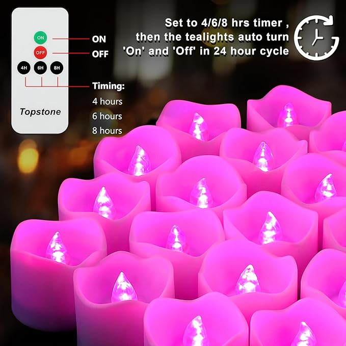 Topstone Remote Control Flameless LED Votive Candles with Timer, CR2450 Battery Powered, Electric Tea Lights for Seasonal and Festival Decoration, Pink Light, 12 pcs
