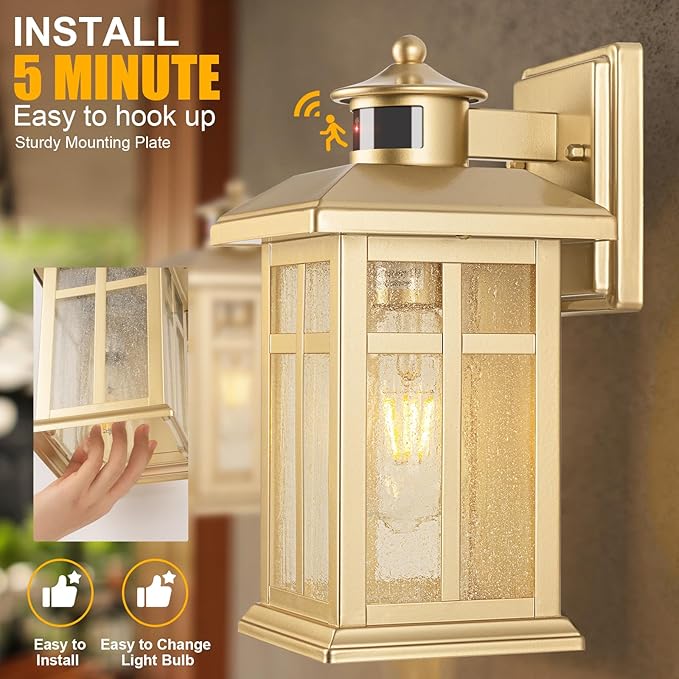 Outdoor Light Fixture Motion Sensor, Gold Waterproof Outside House Light, Modern Wall Lights, Outdoor Garage Light Dusk to Dawn Exterior Light Fixture for House, Garage, Garden