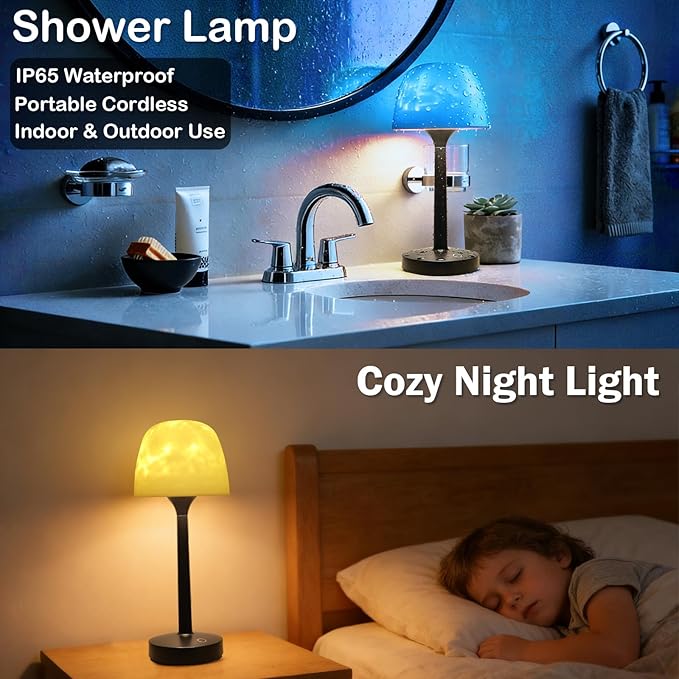 Cordless Shower Lamp,Bedside Lamp,Touch Ocean Wave Projector Light,3 Way Color Temperature,16 Color Changing Light,Dimmable,Rechargeable Aurora Night Lights for Bedroom Bathroom, Waterproof