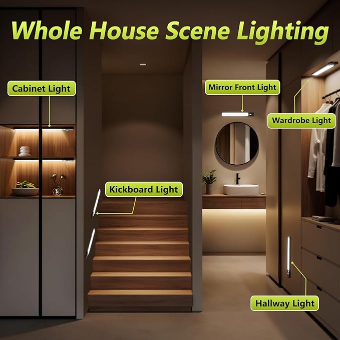 Under Cabinet Lights with Digital Display,52 LED Rechargeable Motion Sensor Light Indoor,3 Color Temperatures, Magnetic Dimmable Closet Lights, Under Counter Light for Kitchen, Stairs,2-Pack