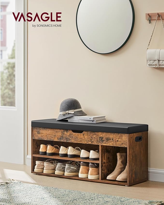 VASAGLE CUSTOS Collection - Storage Bench with Cushion, Shoe Bench, Padded Seat, Hidden Storage, Entryway, Hold up to 300 lb, 11.8 x 39.4 x 17.3 Inches, Rustic Brown and Ink Black ULHS130B01