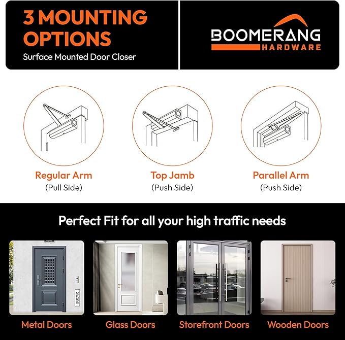 Boomerang Medium/Heavy Duty Automatic Commercial Door Closer - D4016 Surface Mounted, Grade 1- ADA & UL 3 Hour Fire Rated, Adjustable Size 1-6 for Entry & Aluminum Storefronts, Matte Black (US19)