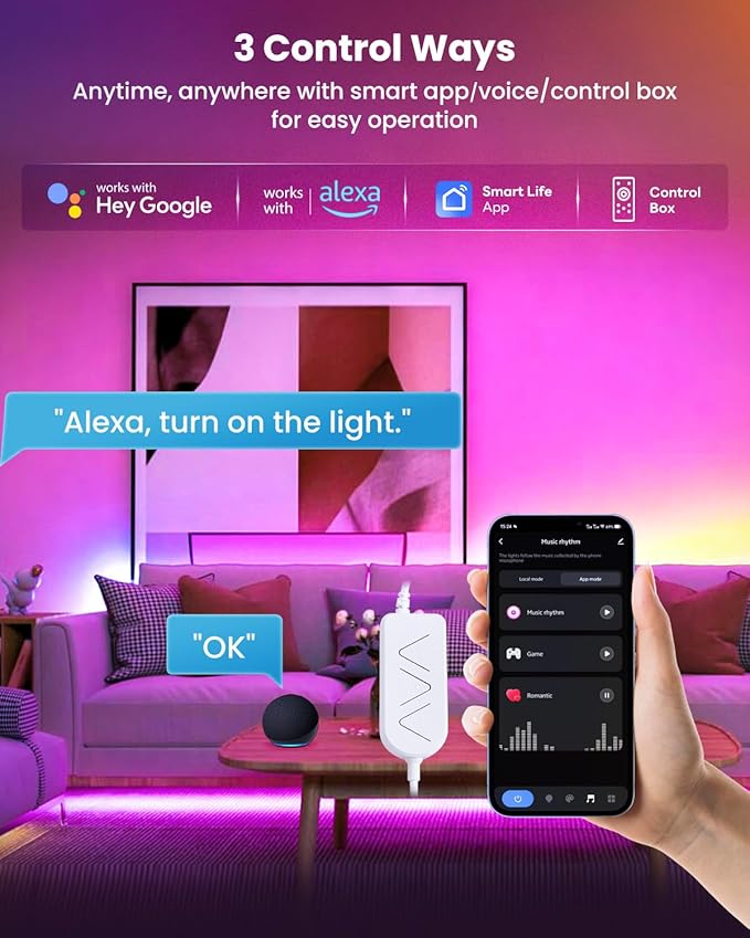 16.4ft RGB+IC LED Lights for 50-75 Inch TV, Backlight Strip Behind TV with Music Sync, Bluetooth APP and Voice Control, 44 Scene Modes, for Ambient Mood Lighting, Monitor Game, Bedroom, Living Room