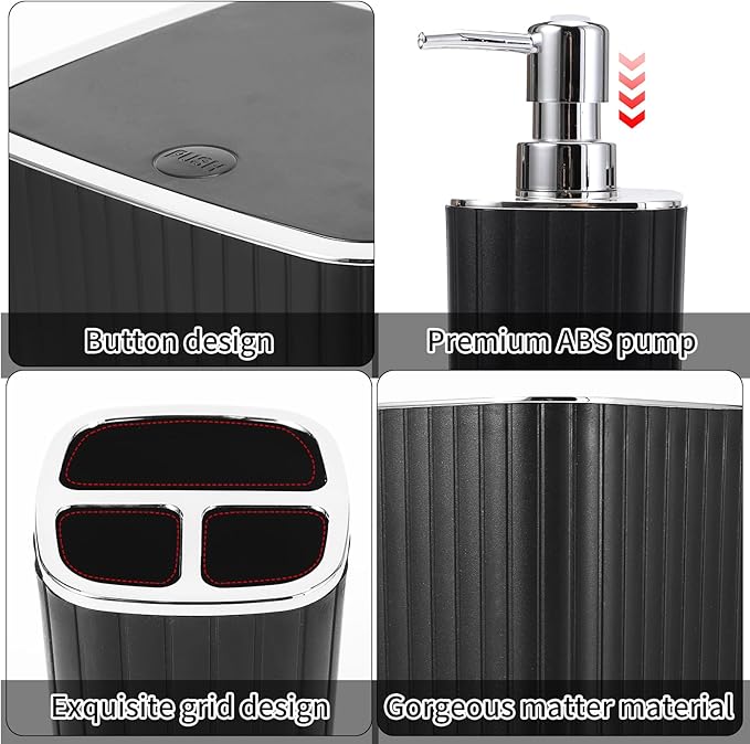 XLHOMO Bathroom Accessories Set - Gorgeous Bathroom Set, 10PC Black Bathroom Accessory Set, Toilet Brush, Trash Can, Qtip Holder & Soap Dispenser