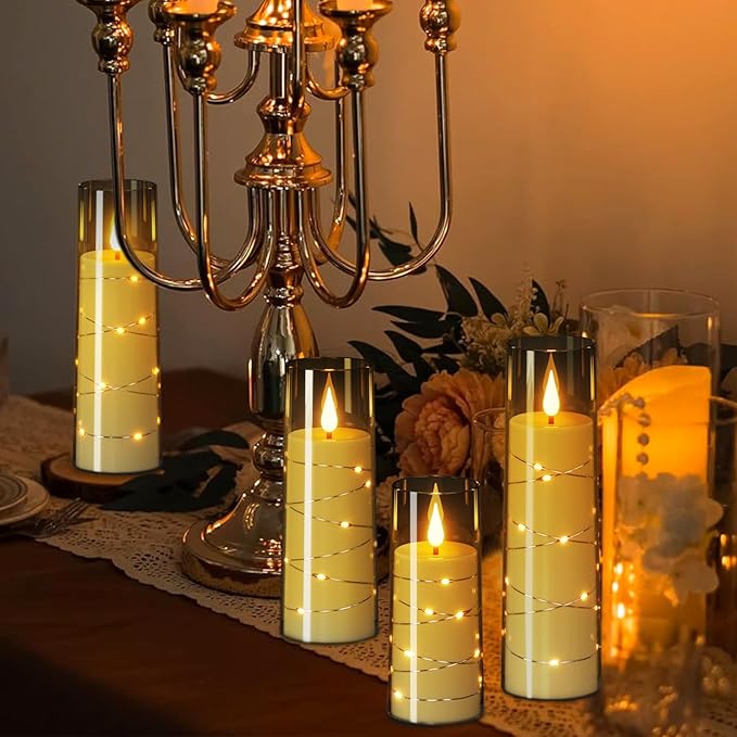 Wondise Flameless Flickering Candles with Embedded Star String Remote and Timer Battery Operated Flickering LED Candles Durable Acrylic Shell Pillar Candles for Christamas Home Decoration (4pack