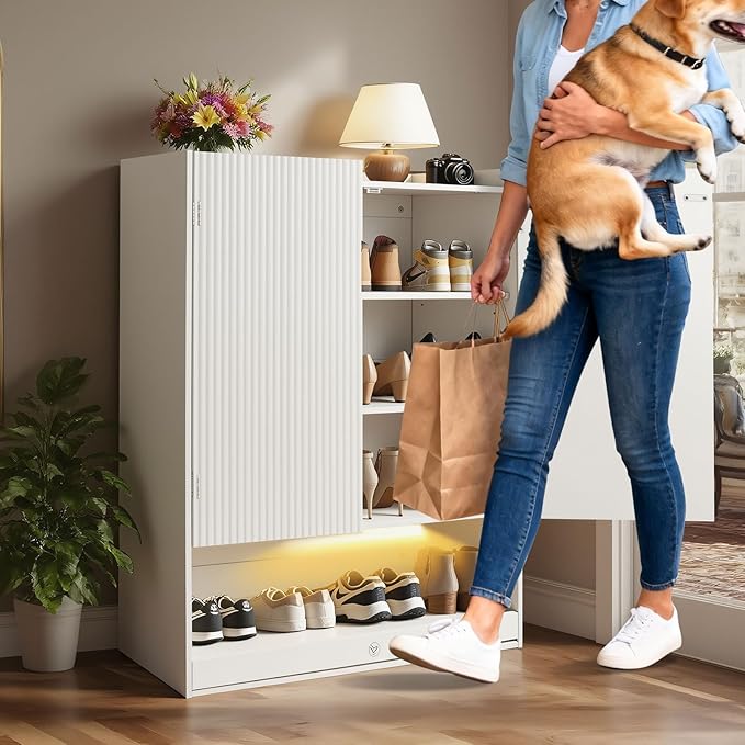 Shoe Cabinet with LED Light, 4-Tier Shoe Storage Cabinet with 2 Adjustable Shelves, Large Shoe Storage with Fluted Panel Modern Shoe Rack for Entryway, Bottom Pop-Up Shoe Rack, White