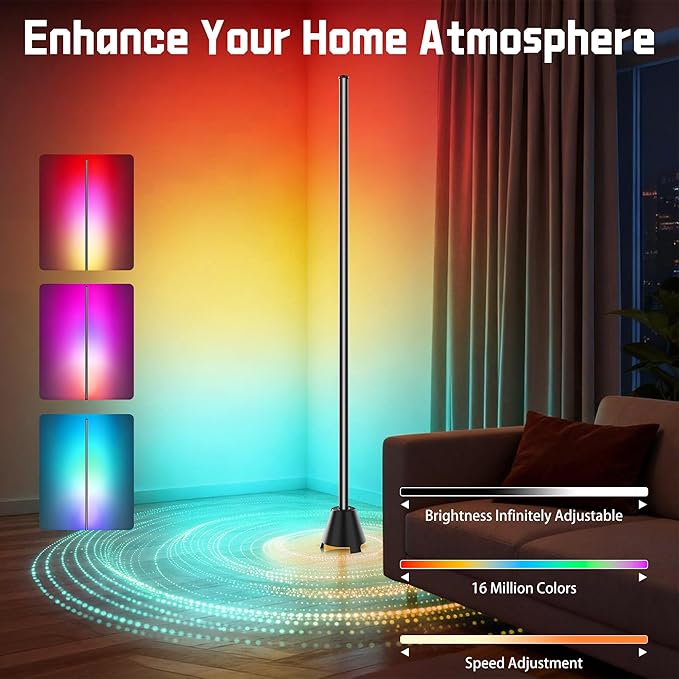 Led Corner Floor Lamp with Speaker, USB Powered Led Lamp App & Remote Control, Color Changing Music Sync IC+RGB, Timer, Music Mode Standing Lamps for Living Room Lamp Bedroom Gaming, 1 Pack
