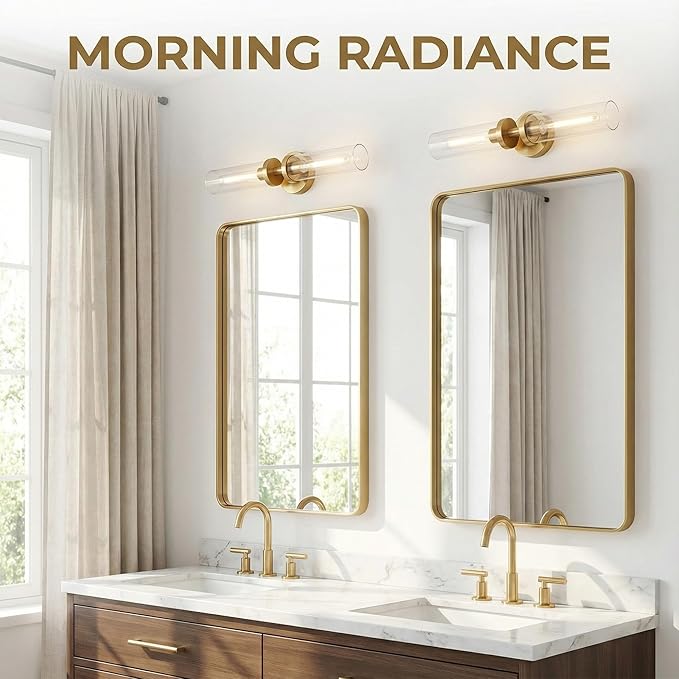 Wall Sconces 2-Pack, Hardwired Bathroom Light Fixtures, Modern Farmhouse Vanity Wall Lighting with Clear Glass Shades, E26 Base Wall Sconce Wall Lights for Bathroom Wall Decor, Gold