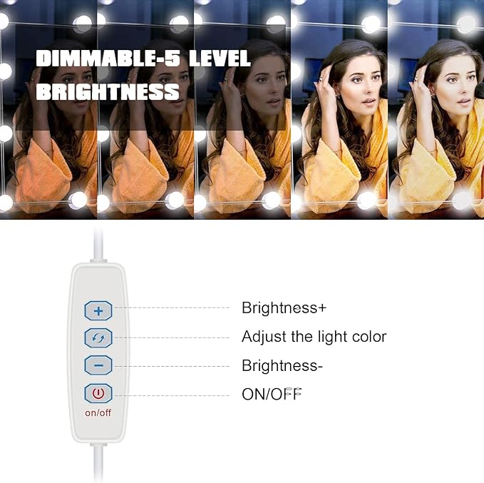 Vanity Lights for Mirror, Hollywood Style Vanity Lights with 10 dimmable Bulbs,Adjustable Color & Brightness,USB Cable(No Mirror Include)