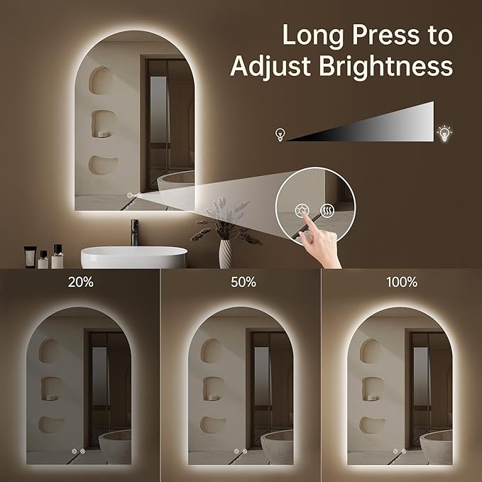 Arched Backlit Mirror Bathroom 20"x30"- Frameless LED Bathroom Mirror with Lights, Fogless, Dimmable, 3 Color Changing, Shatterproof, Touch Sensor