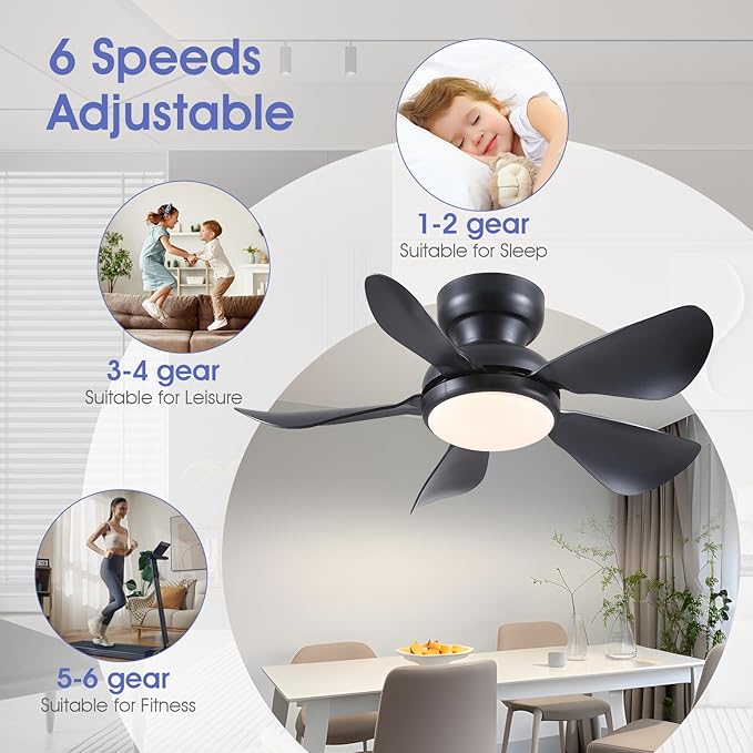 32 Inch Modern Ceiling Fans with Lights, Small Flush Mount Ceiling Fan with Light and Remote/APP Control, 5 Reversible 6 Speeds Curved Blades, 3 CCT Dimmable Lights for Bedroom, Black