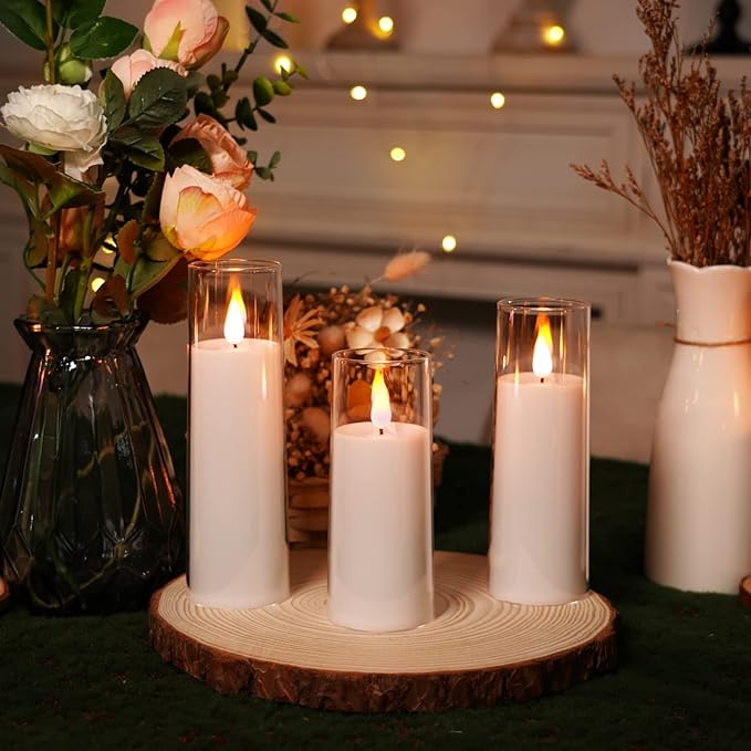 Amagic Magic Pure White Flameless Candles, Battery Operated Candles, Acrylic Flickering LED Pillar Candles with Remote Control and Timer, 3D Wick, Yellow and Blue Glow, D2.2 xH5.5 6.5" 7.5", Set of 9