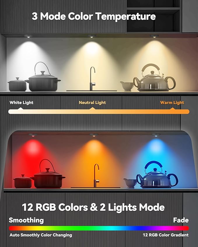 Rechargeable RGB Puck Lights with Remote Control, 1500mAh Battery Operated Push Lights, Dimmable & Timer Under Cabinet Lighting for Closet, Bedroom, Kitchen Black 3Pcs