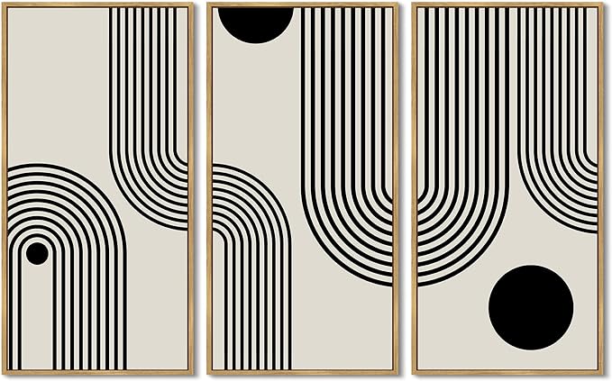 KUVIOKE Boho Wall Decor Black Minimalism Line Abstract Bohemian Art Ready To Hang 8x16in3pcs Natural Framed