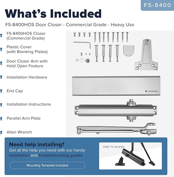 FORTSTRONG Commercial Door Closer - FS-8400 - Heavy Duty Adjustable Grade 1 Standard Automatic Door Closing Hinge - ADA Compliant - Hold Open Function