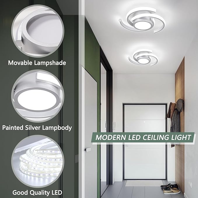 ADISUN LED Modern Ceiling Light, 6000K Semi Flush Mount Ceiling Light Fixture, Unique Ceiling Lamp for Living Room Bedroom Corridor Aisle Hallway, 2 Pack, Silver