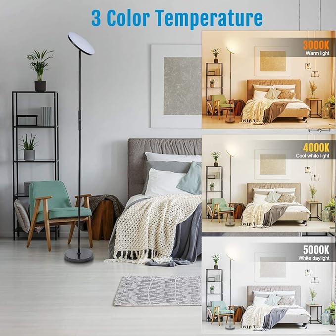 Floor Lamp,30W/2400LM Sky LED Modern Torchiere 3 Color Temperatures Super Bright Floor Lamps-Tall Standing Pole Light with Remote & Touch Control for Living Room,Bed Room,Office (Rocky Black)