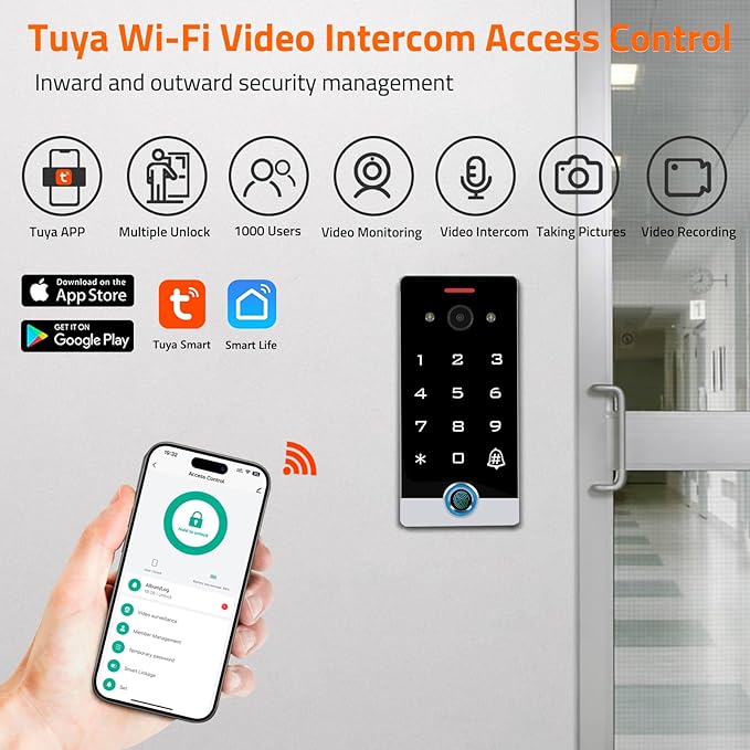 Smart WiFi Video Intercom & Doorbell Tuya Access Control System, All-Metal Fingerprint Keypad 1080P Night Vision Camera, Video Monitoring, Fingerprint/Password/Card/Tuya APP Remotely Unlock
