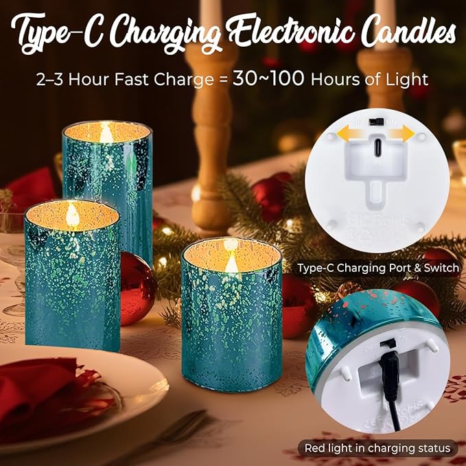 Rechargeable Flameless Candle, Flickering LED Pillar Glass Fake Candle with Remote and Timer, Built-in Battery Real Wax Electronic Candle for Room Decoration, Set of 3