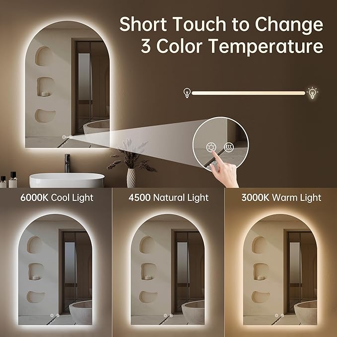 Arched Backlit Mirror Bathroom 20"x30"- Frameless LED Bathroom Mirror with Lights, Fogless, Dimmable, 3 Color Changing, Shatterproof, Touch Sensor