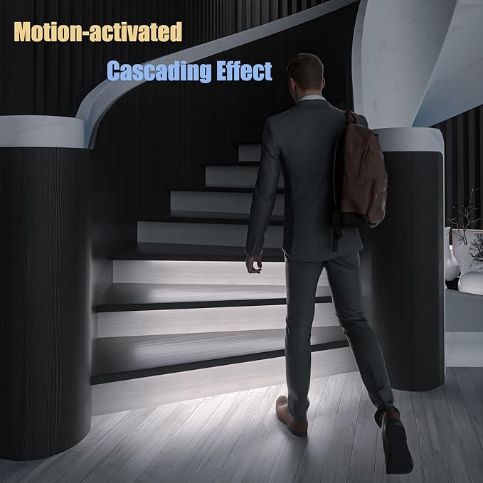Motion-Activated Cascading Effect LED Stair Lighting Kit KMG-3233, 23.6" Aluminum Light Bar for Indoor Staircases (Cool White 6000K, 20 Stairs)