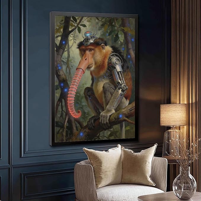 Framed Steampunk Mechanical Proboscis Monkey Wall Art - Jungle Neon Retro Poster for Apartment Leisure Area Decor 16x24in