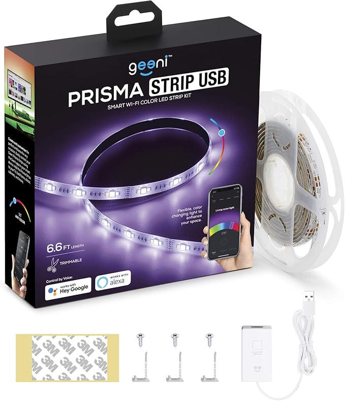 Geeni Prisma Strip-USB – Smart Wi-Fi LED Light Strip Kit for Indoor & Outdoor – Dimmable & Trimmable LED Strip Lights Compatible with Alexa & Google Home – 2m/6.6ft