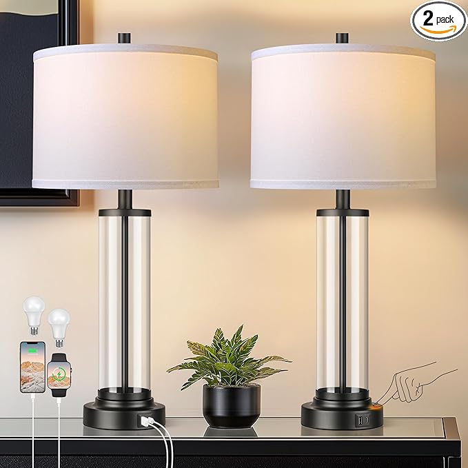 QiMH Touch Control Table Lamps Set of 2 with USB Ports, 3-Way Dimmable Bedside Lamp for Living Room Bedroom House, Modern Nightstand Lamp with 2 LED Bulbs(Black)