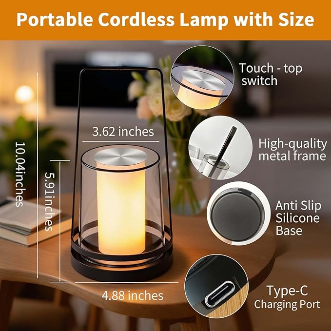 Black Touch Table Lamp with Dynamic Flame Effect - Portable, Rechargeable Bedside Lamp, Tap for Flickering Fire & Candle Light Modes, Dimmable for Bedroom, Camping, Gifts