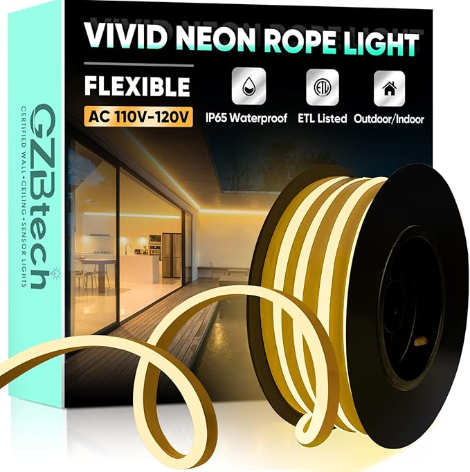GZBtech Flexible LED Neon Rope Lights 16.4FT,AC 110-120V Waterproof Strip Light, 2800K Cuttable Connectable Neon Lighting for Indoor Outdoor Home Decor/Commercial Use-Warm White 5M, ETL Listed