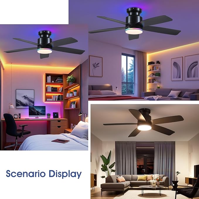 46 Inch Black Flush Mount Ceiling Fans with Lights, 5 Blades Reversible, 6-Speed 2H Timer, RGB & 3 CCT Dimmable, Remote & APP Control for Bedroom Kidsroom