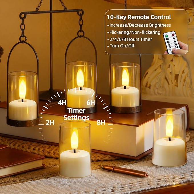 Rechargeable Acrylic Flameless Candles with Timer Control, Flickering Warm White Tealights, Ideal for Home Decor Weddings Parties, Restaurants(White,Set of 6)