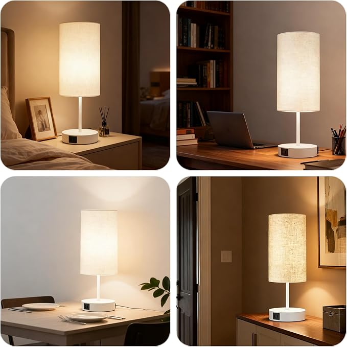 HiBay 2-Set 17.75" Touch Bedside Table Lamps with USB Charging Ports & AC Outlet, Modern White 3-Way Dimmable 800lm LED Nightstand Lights with Fabric Shade for Bedroom Living Room Dorm
