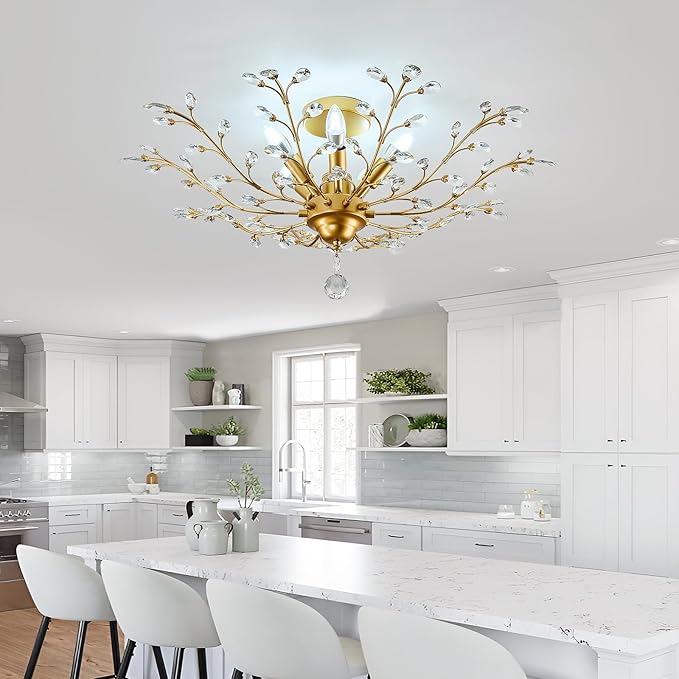 CVKASH 5-Light Vintage Small Crystal Chandelier Modern Brushed Gold Branche Ceiling Light Fixture Farmhouse for Kitchen Dining Room Living Room Bedroom Hallway Foyer