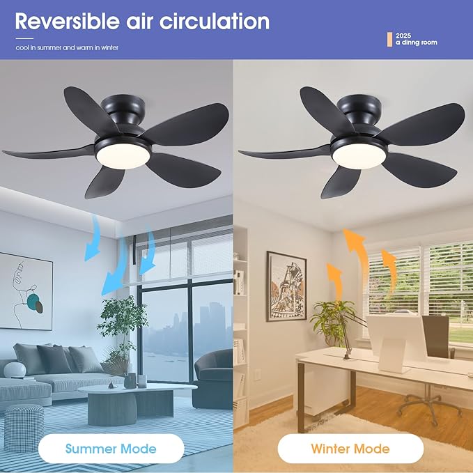36 Inch Modern Ceiling Fans with Lights, Small Flush Mount Ceiling Fan, Remote/APP Control, 5 Reversible Curved Blades, 6 Speeds, 3 CCT Dimmable Lights for Kids Room Bedroom, Black