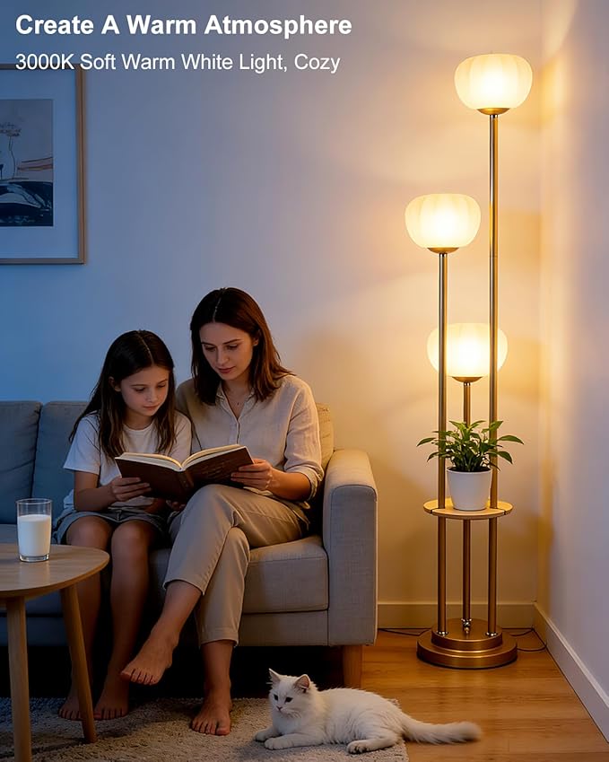 Lightdot Gold Dimmable Floor Lamp with Table, Mid Century Modern Floor Lamps with Pumpkin Lampshade & Bulbs, 3-Light Tall Standing Lamp for Living Room/Bedroom/Sofa Beside/Corner Decor