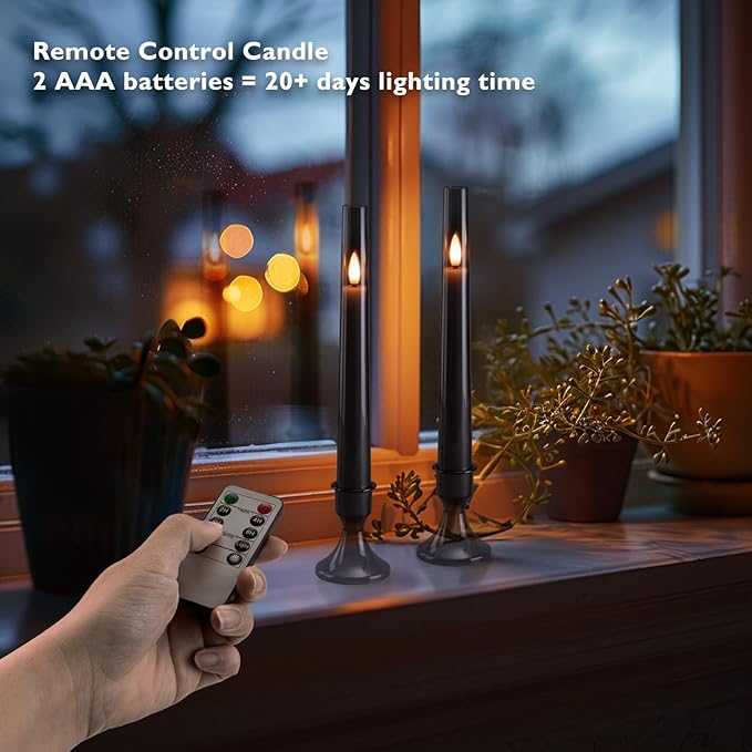 Homemory 6 Pcs Flameless Taper LED Candles with Remote and Timer, 3D Wick Flickering, Window Candles with 2 Light Modes, Battery Operated for Xmas Wedding Decor, 9.6 Inch, Black