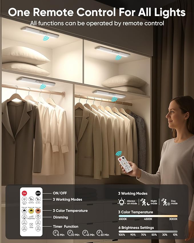 Motion Sensor Closet Lights, Eye Protection Design Cabinet Lighting Wireless with Remote, 3 Color Temps & Dimmable, Magnetic, Rechargeable LED Closet Lighting for Kitchen, Wardrobe, Pantry