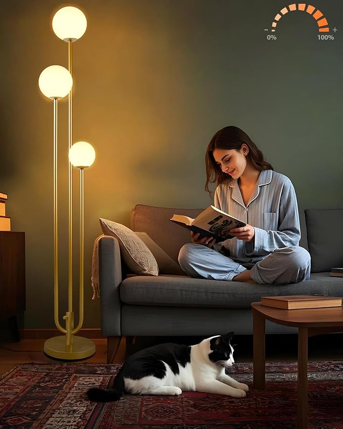 Lightdot 63IN Gold Floor Lamp Dimmable 3-Lights Globe LED Floor Lamps with Bulbs Included for Wedding/Party Candle Holder Style Tall Standing Lamp for Living Room/Bedroom/Sofa Beside/Corner Decor