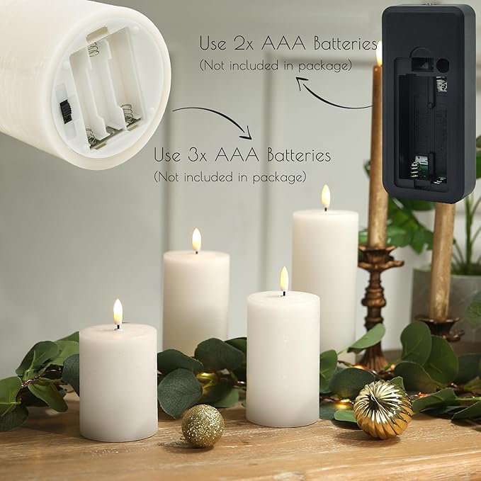 Flameless Candles, 4 Pack Battery Operated Candles with Remote, Real Wax LED Fake Candles with Timer Flickering for Christmas Wedding Home Party D3 H 5" 6" 7" 9" White