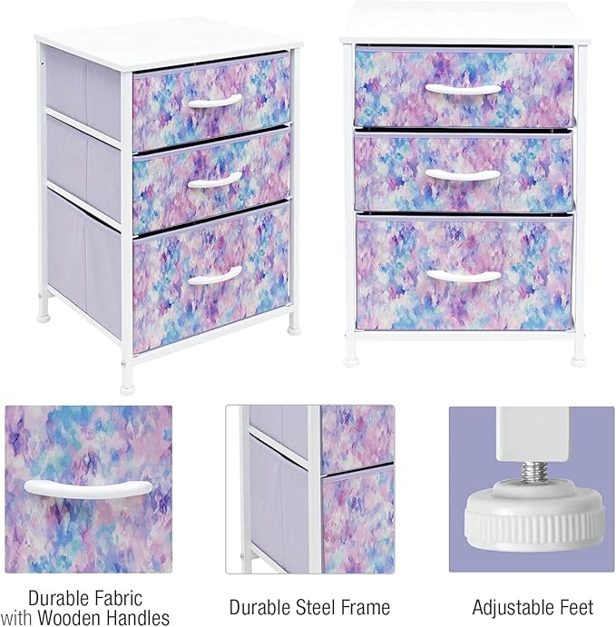 Sorbus Nightstand Storage Organizer with 3 Drawers - Kids Girls, Boys Bedroom Furniture Storage Chest for Clothes, Closet Organization - Steel Frame, Wood Top, Tie-dye Fabric Bin (Blue/Pink/Purple)