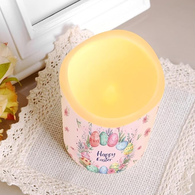 Easter Egg and Floral Plastic Flameless Candles with Remote Control and Timer LED Flickering Battery Electric Pillar Candles for Table Easter Decoration