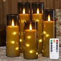 Flameless Flickering 2.2" x5" 6" 7" 8" 8" Candles, LED Battery Operated Grey Clear Plastic Timer Pillar Realistic Wick Candles (Long Lasting 600 Hrs, Pack of 5)